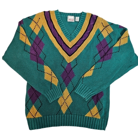 Vintage Body Equip Teal & Purple Argyle V-Neck Cricket Sweater Size XL Men's‎ - Picture 1 of 9